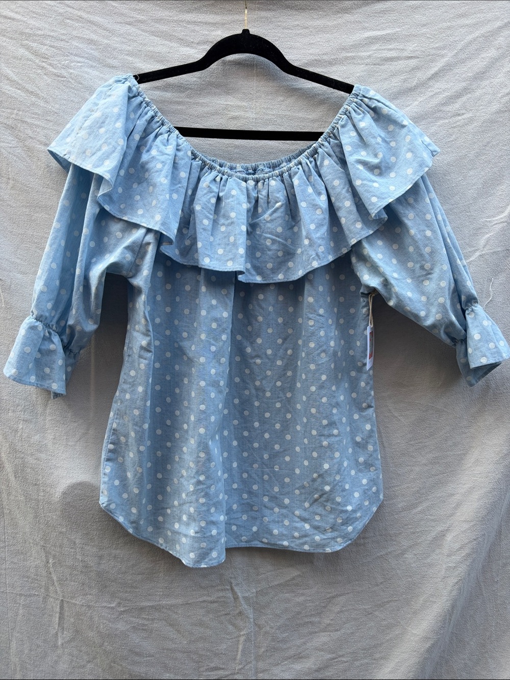 Blue Polka Dot Off-Shoulder Ruffle Top